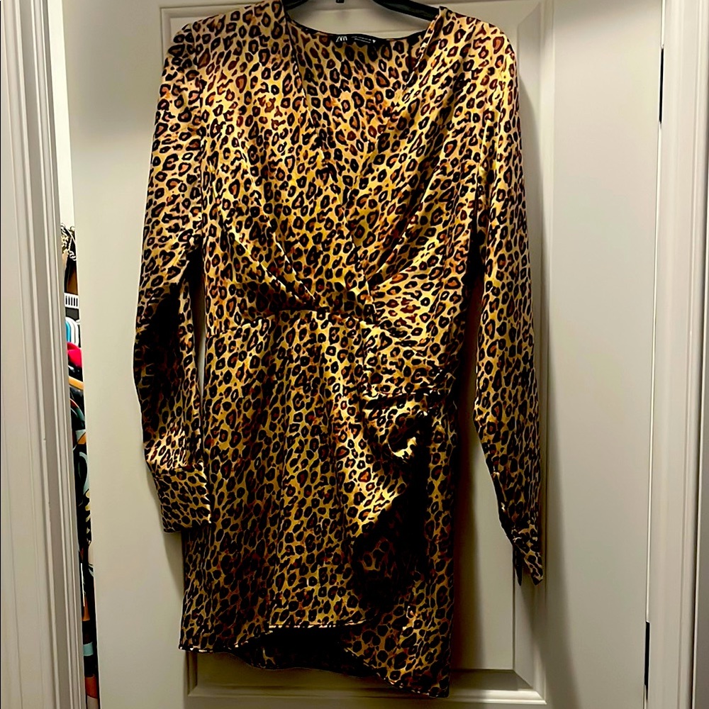 NWOT Zara Brown Black Asymmetrical Ruched Wrap Dress